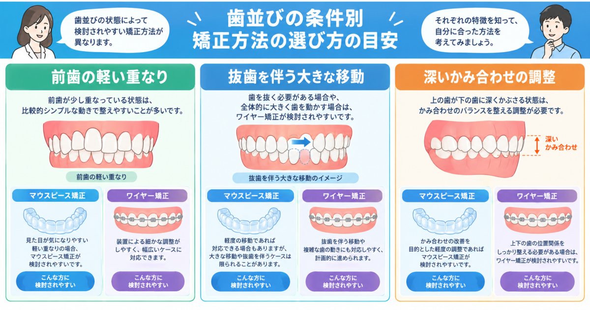歯並びと必要な歯の動きで変わる、ワイヤー矯正と透明装置の候補